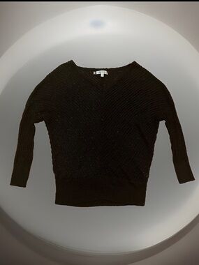 Jennifer Lopez V-Neck Chevron Open Knit Metallic Sparkle Silver Glitter Sweater